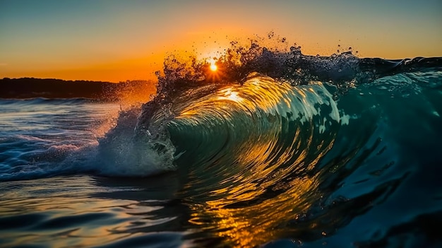 Une vague se brise au coucher du soleil avec le soleil couchant derrière elle.