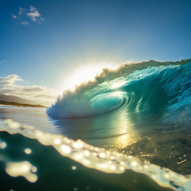 Une vague se brise dans l'océan avec le soleil qui brille dessus.