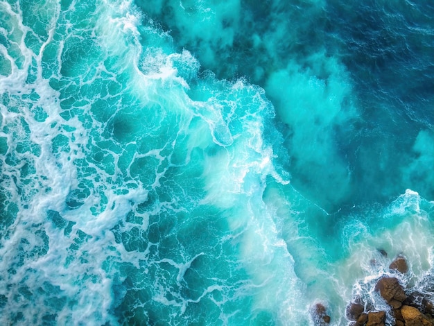 Une vague se brise sur une falaise et l'océan est bleu.