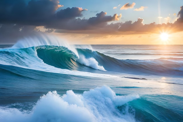 Une vague se brise sur l'océan et le soleil se couche.