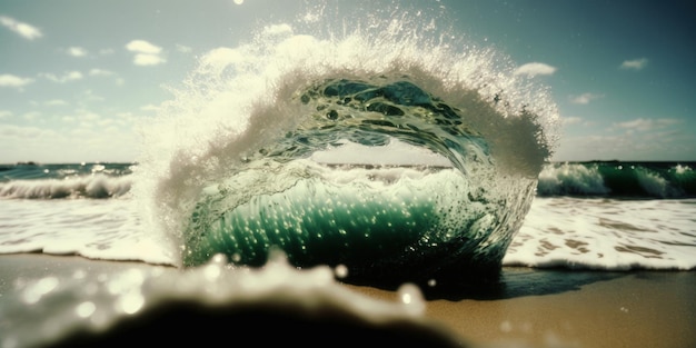 Une vague se brise sur la plage en Nouvelle-Zélande.