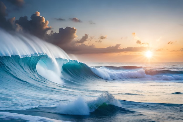 Une vague se brise sur la plage avec le soleil couchant derrière elle.