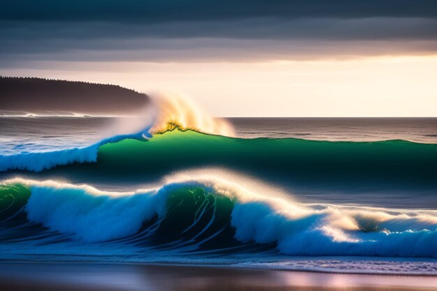 Une vague se brise sur une plage avec le soleil qui brille dessus.