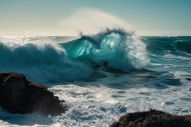 Une vague se brise sur le rivage et le ciel est bleu.