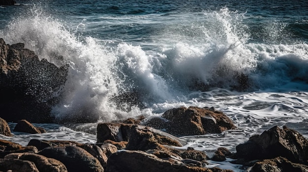 Une vague se brise sur les rochers de la plage.