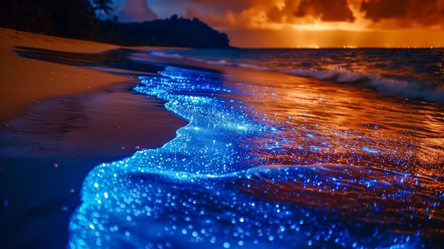 Photo des vagues bioluminescentes hypnotisantes sur une plage tropicale au coucher du soleil avec des couleurs vives et un paysage serein