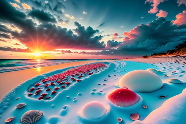 Les vagues bleues de la mer au crépuscule le lever du soleil le coucher du soleil avec des fleurs de roses des coquillages roses du sel de mer sur la plage de sable