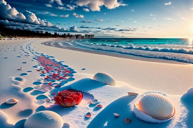 Photo les vagues bleues de la mer au crépuscule le lever du soleil le coucher du soleil avec des fleurs de roses des coquillages roses du sel de mer sur la plage de sable