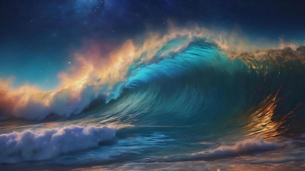 Des vagues colorées sur un fond bleu avec des étoiles