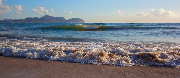 Vagues couchées sur le sable au coucher du soleil