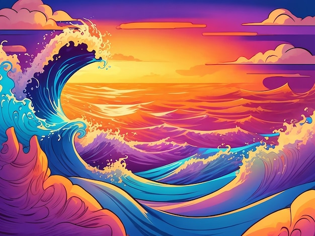 Vagues dans l'illustration de dessin animé de l'océan