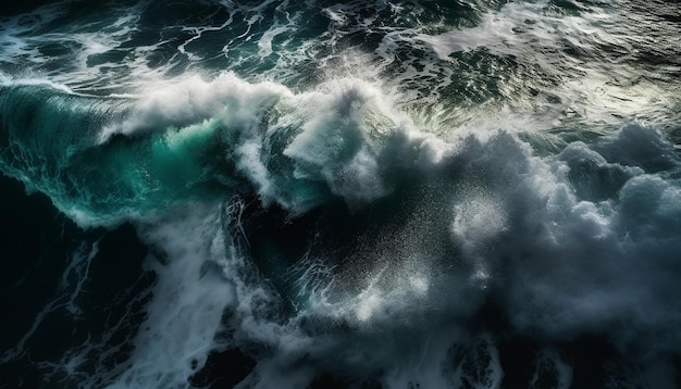 Des vagues déferlantes pulvérisent de l'eau bleue sur le littoral générée par l'IA