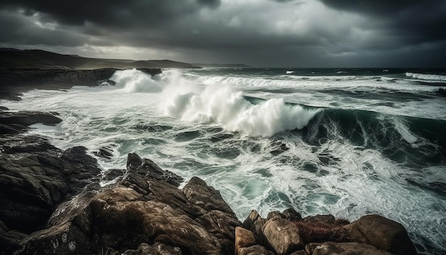 Des vagues déferlantes s'écrasent contre la côte rocheuse, une beauté spectaculaire du paysage marin générée par l'IA