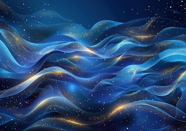 Des vagues dorées et de la poussière d'étoiles brillantes s'entrelacent sur un fond bleu foncé.