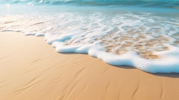 Vagues douces avec mousse bleu océan mer sur une plage de sable doré et ensoleillé dans la station balnéaire pendant les vacances d'été