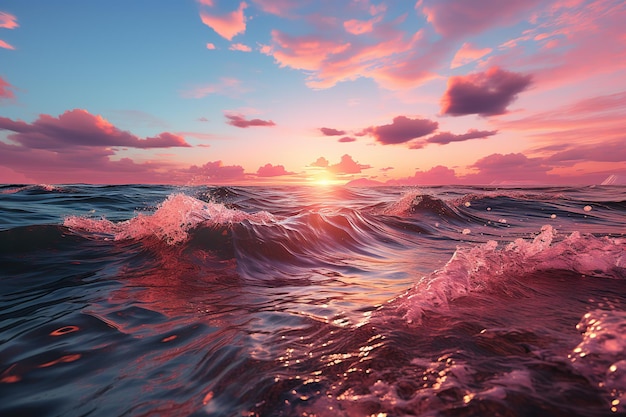 Photo les vagues du coucher de soleil sont roses