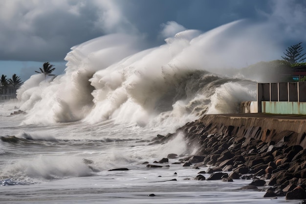 Les vagues du tsunami se brisant contre le rivage envoyant de l'eau et des débris dans l'air