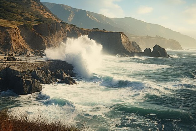 Des vagues dynamiques s'écrasent contre les falaises de la côte.