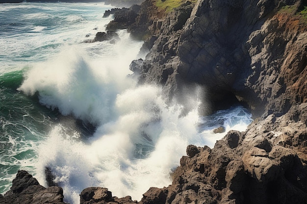 Des vagues dynamiques s'écrasent contre les falaises de la côte.