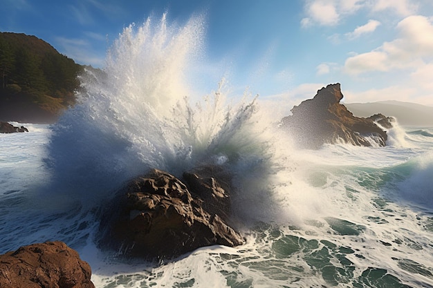 Des vagues dynamiques s'écrasent contre les falaises de la côte.