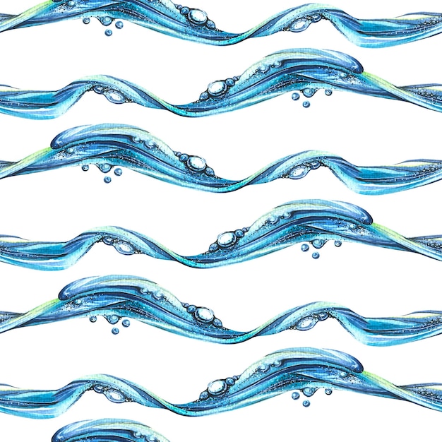 Vagues d'eau bleu bleu dans un motif répétitif sur fond blanc L'illustration à l'aquarelle est transparente Pour les couvertures de textiles en tissu emballage papier décoration design plage été