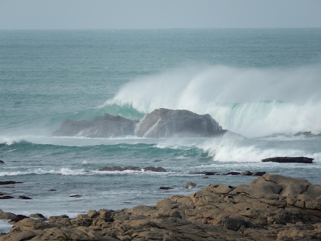 Les vagues éclaboussent sur les rochers de la plage.