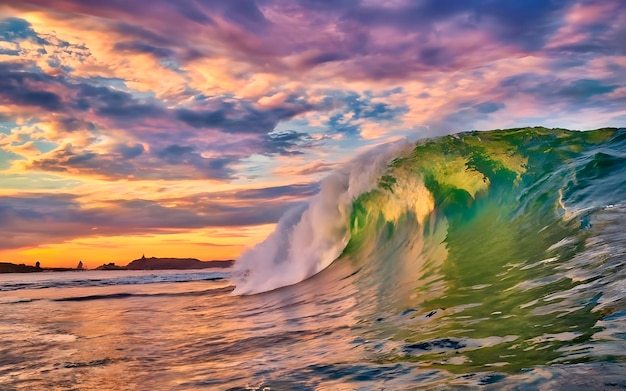 Les vagues de la mer au coucher du soleil