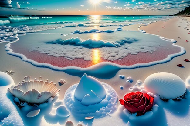 Photo vagues de la mer bleue au crépuscule lever du soleil coucher de soleil avec des fleurs roses coquillages roses conque sel de mer sur la plage de sable
