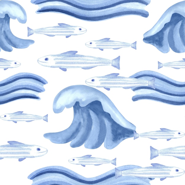 Vagues de mer bleues et flocons de poissons aquarelle motifs de couture pour des dessins arctiques dessinés à la main