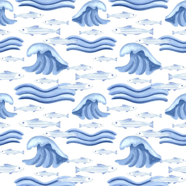 Vagues de mer bleues et flocons de poissons aquarelle motifs de couture pour des dessins arctiques dessinés à la main