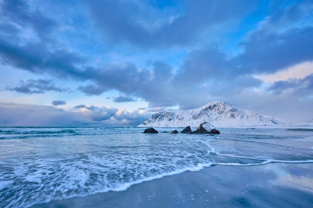 Vagues de la mer de Norvège sur la côte rocheuse des îles Lofoten, Norvège