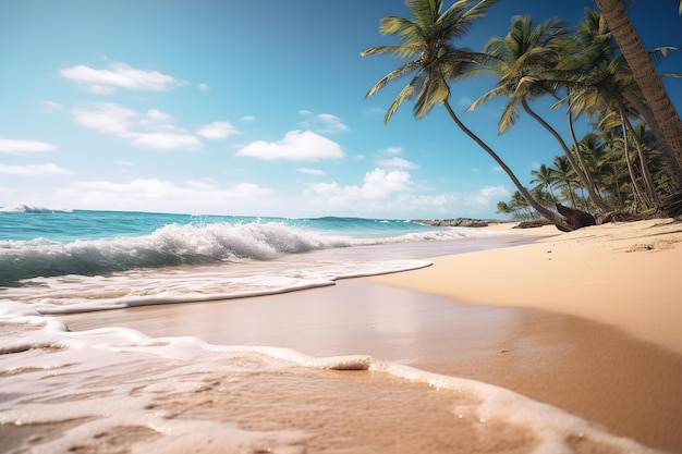 Les vagues de la mer et les palmiers sur une plage tropicale