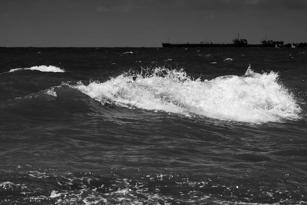 Vagues de la mer avec photographie de plage en mousse noir et blanc