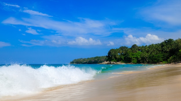 Vagues de la mer sur la plage de sable pendant la saison touristique et fond de ciel bleu à l'île de Surin Beach Phuket Thaïlande