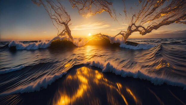 Les vagues de la mer avec le reflet étincelant du soleil heure d'or