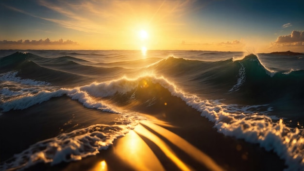 Les vagues de la mer avec le reflet étincelant du soleil heure d'or