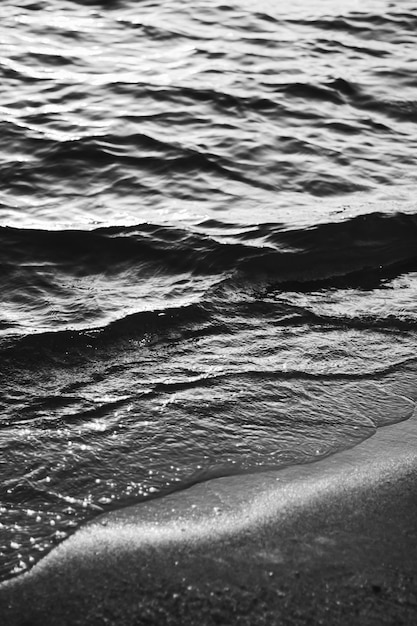 Vagues de la mer et sable au soleil brillent au coucher du soleil impression d'art noir et blanc plage de sable et nature côtière