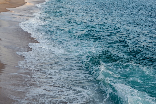 Des vagues en mousse se brisant sur la plage