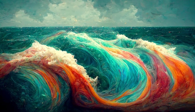 Vagues multicolores colorées dans l'océan Illustration fantastique