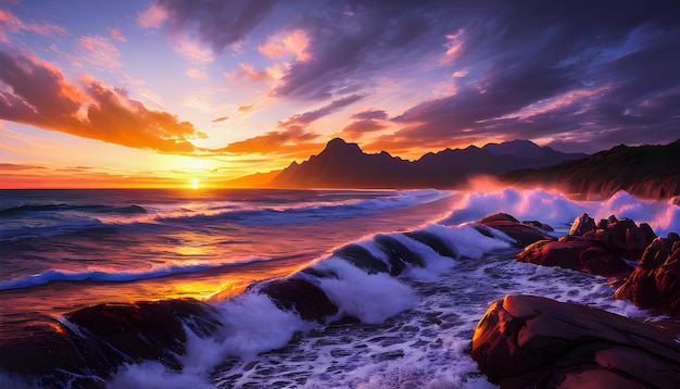 Vagues océan coucher de soleil au bord de la mer beaux paysages côtiers fonds d'écran numériques générative ai