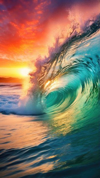 Vagues océaniques étincelantes sous un fond d'écran animé au coucher du soleil pour téléphone