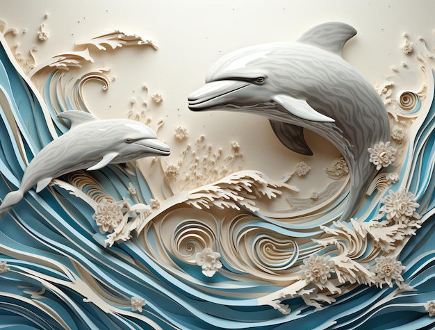 Vagues de papier Illustration délicate de dauphins sautant d'une vague
