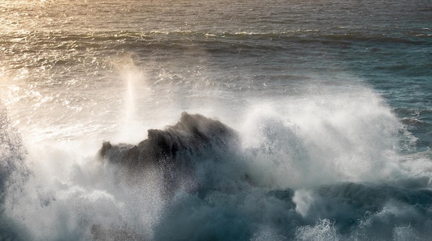 Des vagues qui éclaboussent sur les rochers de la mer