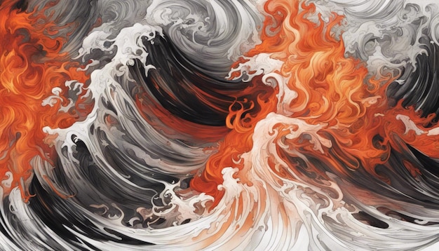 Des vagues rouge feu et orange vibrant s'écrasent sans relâche sur un fond noir et velouté.