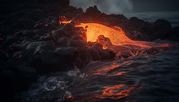 Des vagues rougeoyantes au coucher du soleil écrasent la beauté de la nature générée par l'IA