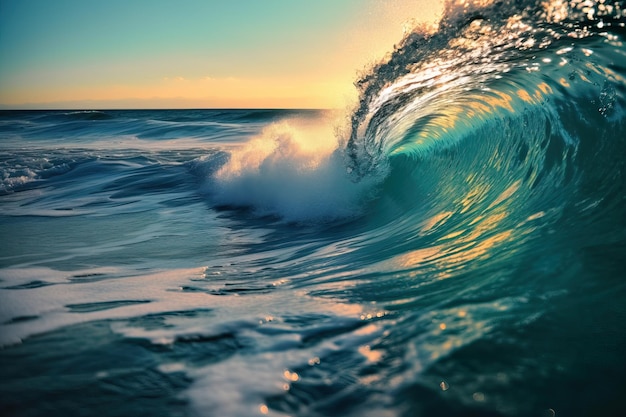 Vagues se brisant dans la mer au coucher du soleil