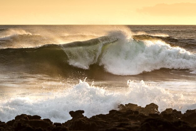 Photo les vagues se brisent sur la plage contre le ciel