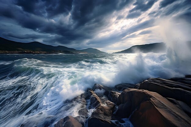 Des vagues se heurtant aux rochers sous un ciel orageux.