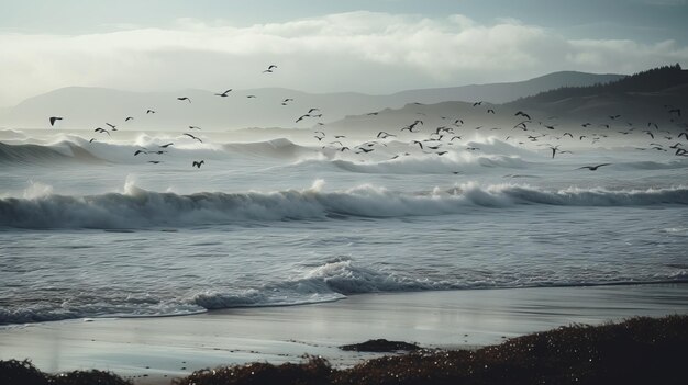 Les vagues de tempête de la mer frappent les oiseaux de roche qui volent dans le ciel générés par l'IA