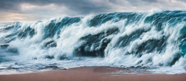 Vagues de tsunami se brisant sur une plage, concept de catastrophe d'inondation océanique, rendu 3d